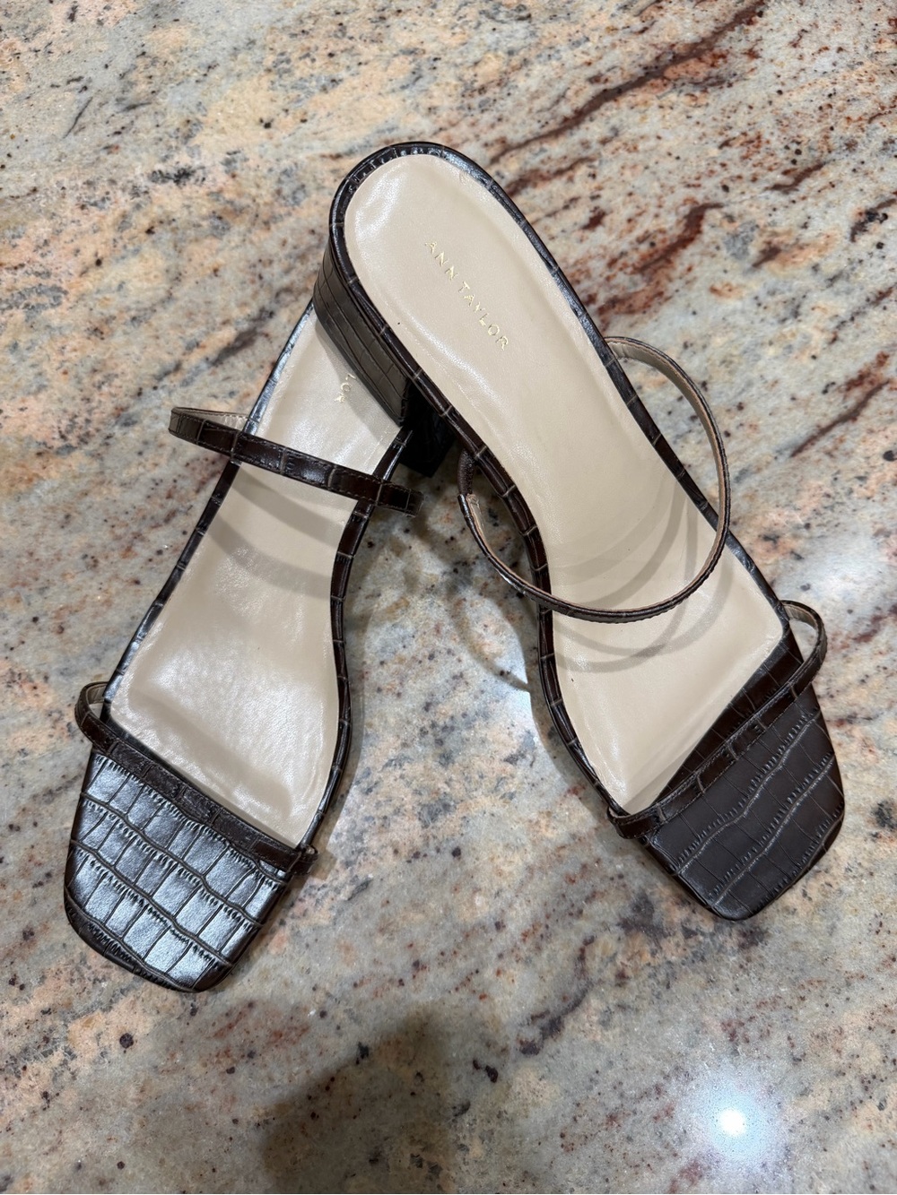 Ann Taylor Dark Brown Croc-Embossed Strappy Slide Heels Size 11
